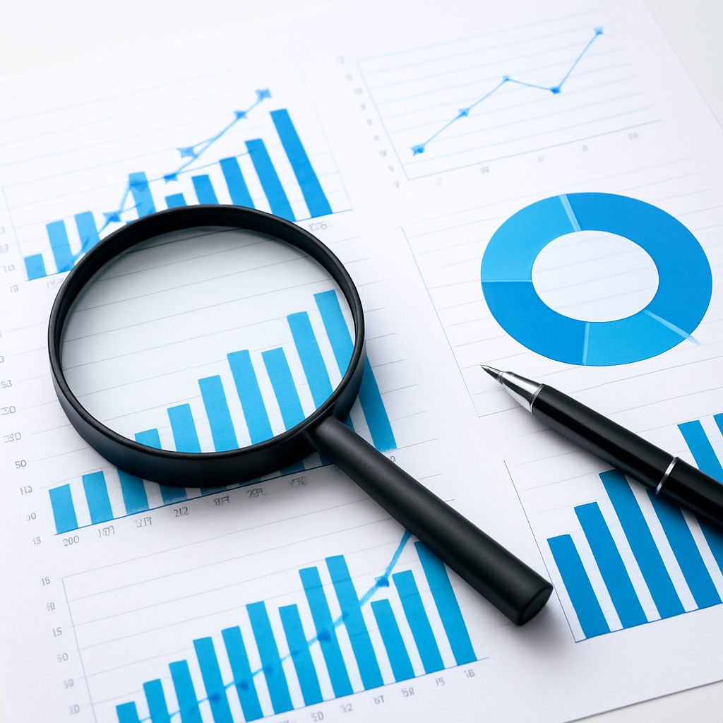 A magnifying glass over printed market research reports with bar charts and a pie chart